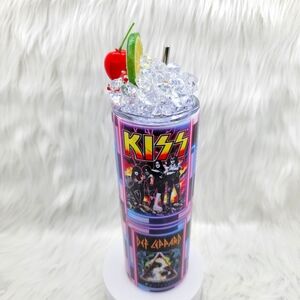 Rock music bands skinny tumbler drinking cup 20 Oz. with ice topper.